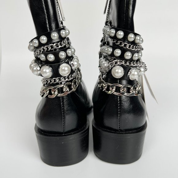New Zara Short Heel Ankle Boots Pearl Beads Chains Leather Booties Combat Riding - Picture 10 of 14
